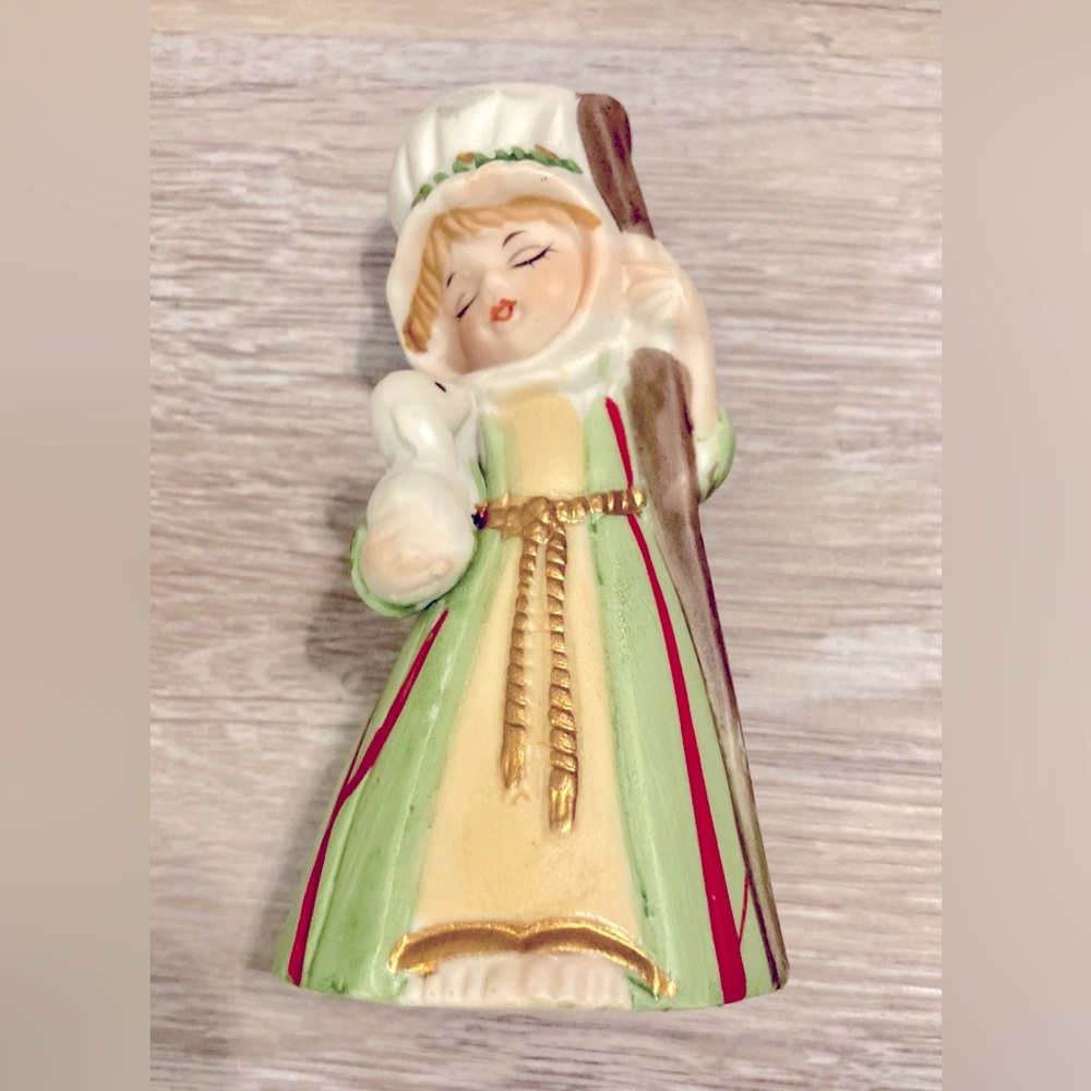 Vintage Figurine Bell Shepherd Boy w/Staff and Lamb Green & Gold Fine Bisque